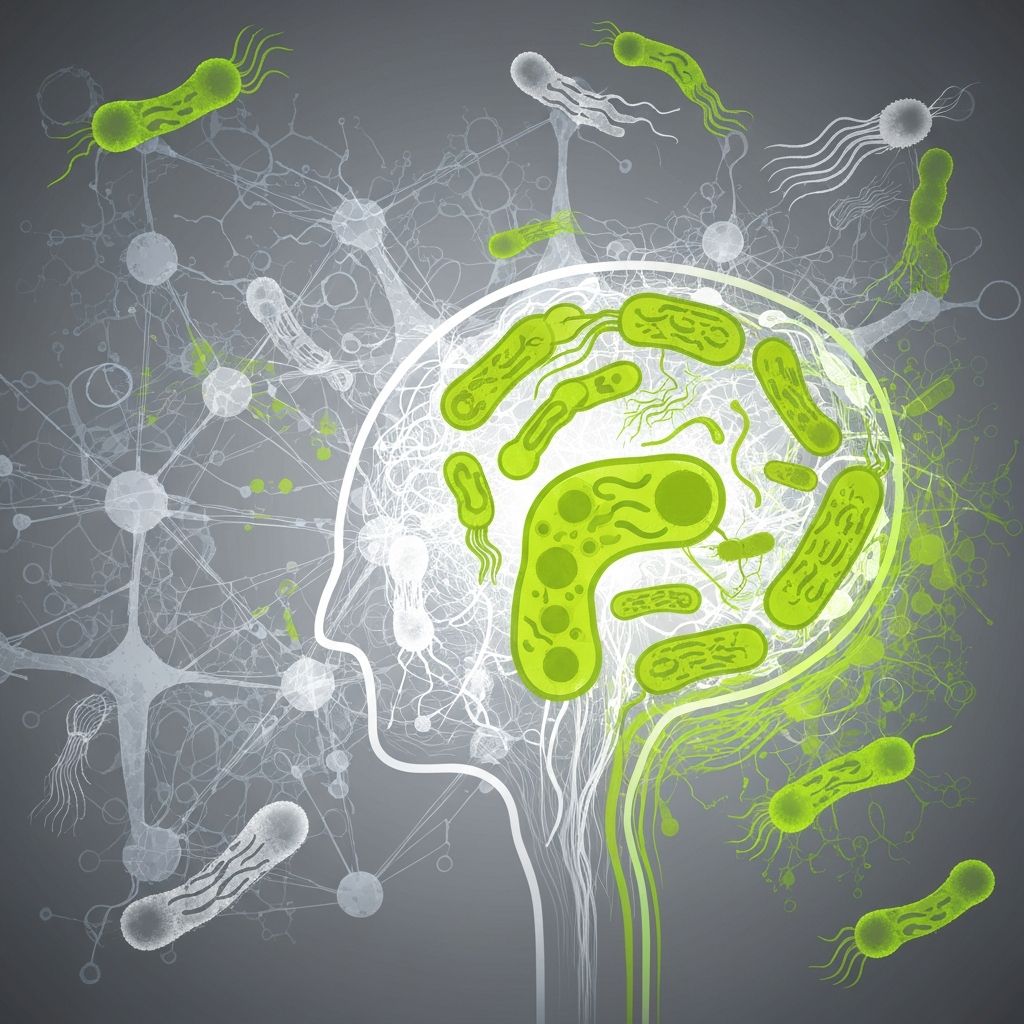 Scientific illustration of gut microbiota and brain connection